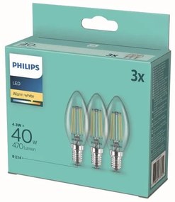 Philips 8718699777791 Žiarovka Philips vláknová LED E14, 4,3W, 470lm, 2700K, priehľadná, 3 ks v balení