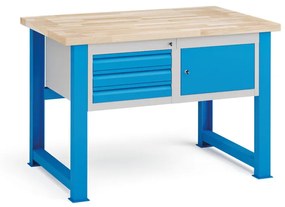 Dielenský stôl KOVONA, závesná skrinka a 3 zásuvky na náradie, buková škárovka, pevné nohy, 1200 mm