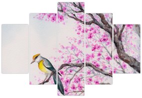 Obraz - Vtáčik na strome s ružovými kvetmi (150x105 cm)
