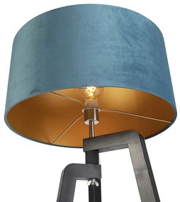 Stojaca lampa trojnožka čierna s modrým tienidlom a zlatom 50 cm - Puros