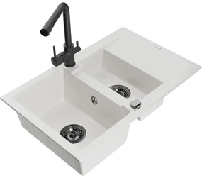 Mexen Gaspar, granitový drez 737x475x177 mm, 1,5-komorový, čierna batéria Duero, biela, 6507-20-671600-70