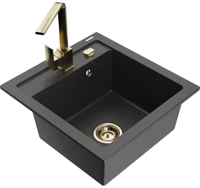 Mexen Vito, 1-komorový granitový drez 520x490x210 mm, zlatá batéria Rita, čierna škvrnitá, 6503-76-670300-50