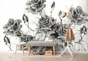 Samolepiaca tapeta čiernobiela vintage kytica ruží - 150x100
