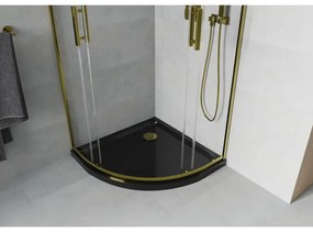 Mexen Rio, štvrťkruhový sprchovací kút s posuvnými dverami 90(dvere) x 90(dvere) x 190 cm, 6mm číre sklo, zlatý profil + čierna sprchová vanička SLIM, 863-090-090-50-00-4170G