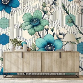 Tapeta modré kvety s geometrickým pozadím