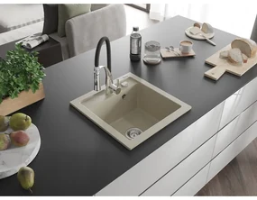 Mexen Vito, 1-komorový granitový drez 490x520x210 mm a drezová batéria Aster, béžová, 6503-69-73450-07