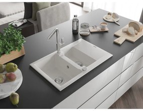 Mexen Gaspar, 1,5-komorový granitový drez 737x475x177 mm a drezová batéria Flora, biela, 6507-20-670401-00