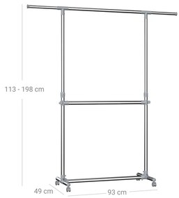 SongmicsHome Stojan na oblečenie dvojstupňový JASON 93x49x113-198cm, strieborná