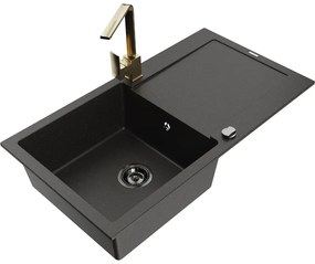 Mexen Leo, drez granitový 900x500x190 mm, 1-komorový, čierna - zlatá metalíza s čiernym sifónom a zlatá drezová batéria Rita, 6501-75-670300-50-B