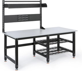 Výškovo nastaviteľný baliaci stôl PROFI, 1800 × 900 × 790–940 mm s nadstavbou a policami