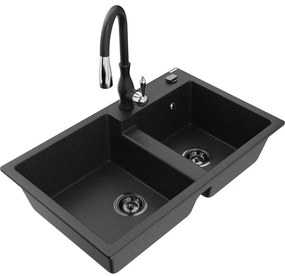 Mexen Tomas, granitový drez 800x500x190 mm, 2-komorový a drezová batéria Savita, čierna-strieborná metalíza, 6516-73-672601-70-B