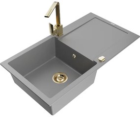 Mexen Leo, drez granitový 900x500x190 mm, 1-komorový, šedý so zlatým sifónom a zlatá drezová batéria Rita, 6501-71-670300-50