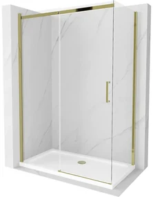 Mexen Omega, sprchovací kút s posuvnými dverami 140 (dvere) x 80 (stena) cm, 8mm číre sklo, zlatý profil + slim sprchová vanička 5cm, 825-140-080-50-00-4010
