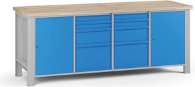 Dielenský pracovný stôl G7, buková škárovka, 2100 x 685 x 840 mm, 2x skrinka, 8 zásuviek, modrá