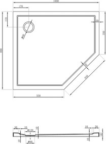 Mexen Flow päťuholníková vanička slim ľavá 100 x 80 cm, biely lesk - 46P108010L