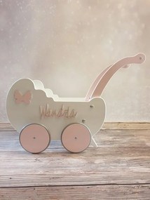 Drevený kočík pre bábiky s dekoráciou biela + ružová