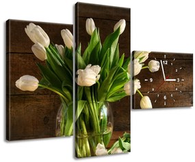 Gario Obraz s hodinami Očarujúce biele tulipány - 3 dielny Rozmery: 80 x 40 cm