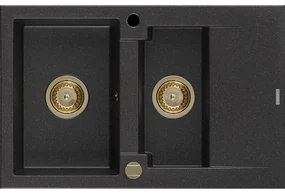 Mexen Gaspar granitový 1,5-komorový drez s odkvapkávačom 737 x 475 mm, Čierna/Strieborná metalíza, Sifón Zlatá - 6507731505-73-G