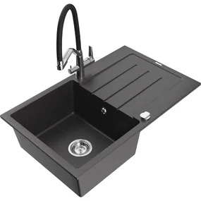 Mexen Bruno, 1-komorový granitový drez 795x495x200 mm a drezová batéria Duo, čierna škvrnitá, 6513-76-671701-07