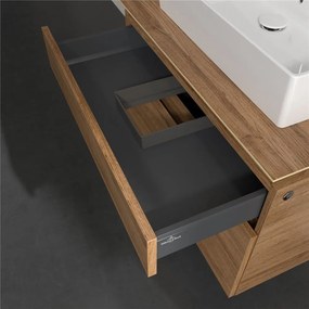 VILLEROY &amp; BOCH Legato závesná skrinka pod umývadlo na dosku (umývadlo v strede), 2 zásuvky, s LED osvetlením, 800 x 500 x 550 mm, Oak Kansas, B602L0RH