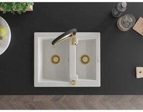 Mexen Carlos, 1,5-komorový granitový drez 582x475x177 mm a drezová batéria Aster, biela, 6518-20-73450-57-G