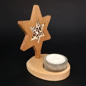 AMADEA Drevený svietnik hviezda s vkladom - ornament, masívne drevo, výška 10 cm
