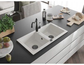 Mexen Mario, granitový drez 820x436x161 mm, 2-komorový a drezová batéria Carla, biela, 6504-20-670700-70