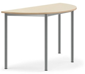 Stôl SONITUS, polkruh, 1200x600x720 mm, HPL - breza, strieborná