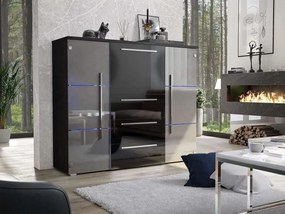 KOMODA BEATE LED ŠEDÁ + ČIERNY KORPUS + ČIERNE ZÁSUVKY VYSOKÝ LESK 136 cm