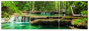Gario Obraz s hodinami Vodopád Erawan v Thajsku - 3 dielny Rozmery: 90 x 30 cm