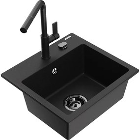 Mexen Milo, 1-komorový granitový drez 435x410x171 mm a drezová batéria Flora, čierna, 6505-77-670401-70-B