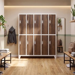 Šatňová skriňa BOZP 10-dverová biela/orech, 1360x1720x450 mm: BARTEK Eco Design