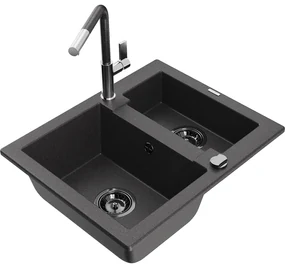 Mexen Carlos, 1,5-komorový granitový drez 582x475x177 mm a drezová batéria Flora, čierna škvrnitá, 6518-76-670401-08-B