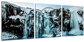 Obraz zamrznutých vodopádov (s hodinami) (90x30 cm)