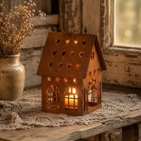 Hrdzavý svietnik v tvare domčeka Rustic Charm - 12*12*18 cm