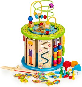 Drevená edukačná kocka ECOTOYS – motorická hračka s labyrintom, lovenie rýb a kockami