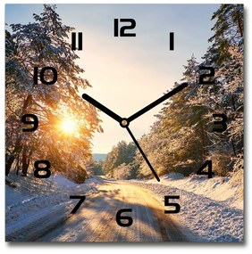 Sklenené nástenné hodiny štvorec Cesta v lese zima pl_zsk_30x30_c-f_77332313