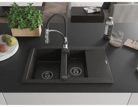 Mexen Gaspar, 1,5-komorový granitový drez 737x475x177 mm a drezová batéria Aster, čierna-zlatá metalíza, 6507-75-73450-07-B