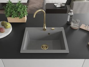 Mexen Elix, 1-komorový granitový drez 600 x 500 mm, sivý, zlatý sifón - 6525601005-71-G