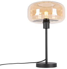 Art Deco stolná lampa čierna s jantárovým sklom - Bizle