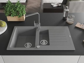 Mexen Matias, granitový drez 900x505x200 mm, 1,5-komorový a šedá batéria Rita, šedá, 6502-71-670300-71