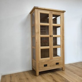 Široká vitrína z masívu s presklenými bokmi a zásuvkou, 100x48x180 cm