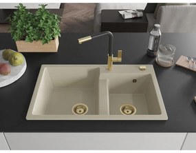 Mexen Tomas, 2-komorový granitový drez 800x500x190 mm a drezová batéria Flora, béžová, 6516-69-670401-57-G