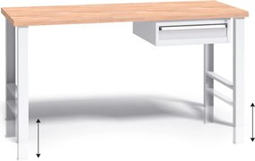 Výškovo nastaviteľný pracovný stôl do dielne G3 so závesným boxom na náradie, buková škárovka, 1 zásuvka, 1500 x 685 x 840 - 1050 mm, sivá