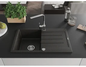 Mexen Bruno, drez granitový 795x495x200 mm, 1-komorový, čierna-zlatá metalíza s chrómovým sifónom a chrómová drezová batéria Rita, 6513-75-670300-00