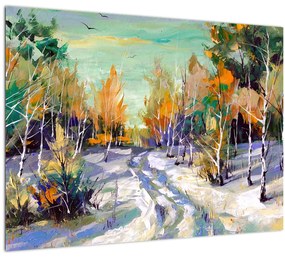 Sklenený obraz - Zasnežená cesta lesom, olejomaľba (70x50 cm)