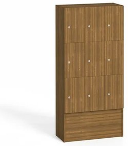 Drevená odkladacia skrinka S5 s úložnými boxami, 9 boxov, 1700 x 900 x 420 mm, cylindrický zámok, orech