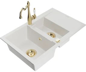 Mexen Gaspar, granitový drez 752x436x161 mm, 1,5-komorový a drezová batéria Carla, biela, 6507-20-670700-50