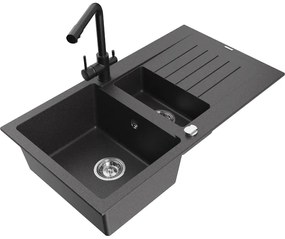 Mexen Matias, granitový drez 900x505x200 mm, 1,5-komorový a čierna batéria Duero, čierna škvrnitá, 6502-76-671600-70