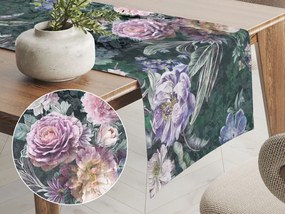 Biante Dekoračný behúň na stôl BM-010 Veľké fialové kvety na tmavo zelenom 35x180 cm